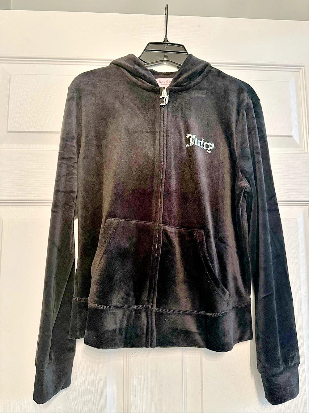 Juicy Couture Black Velour Rhinestone Logo Zip-Up Hoodie Black Medium